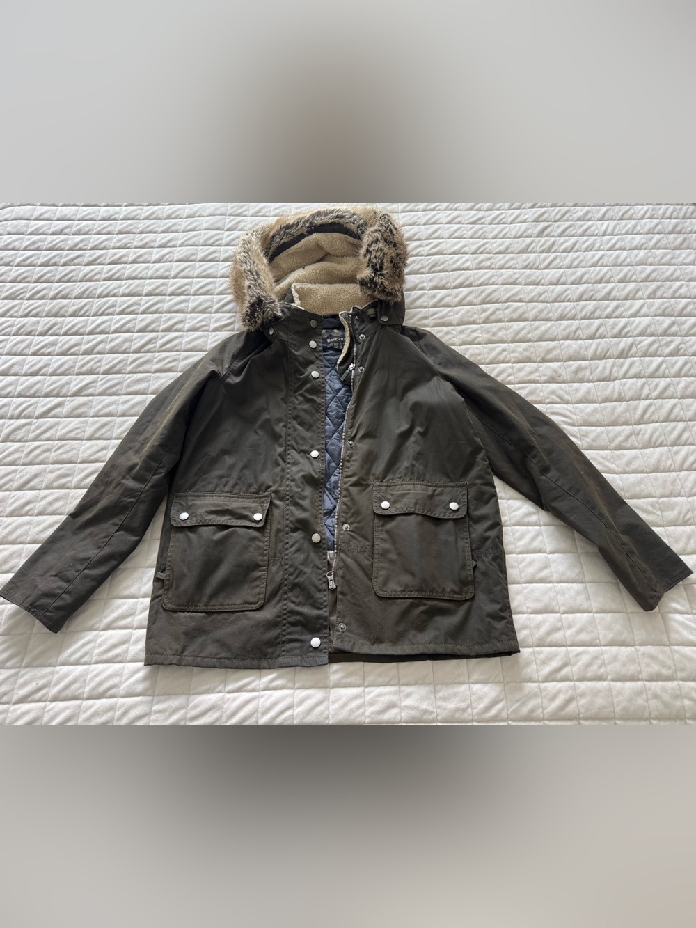 Vintage Waxed Barbour Women’s Dark Olive Hooded Field Jacket with Faux Fur Trim